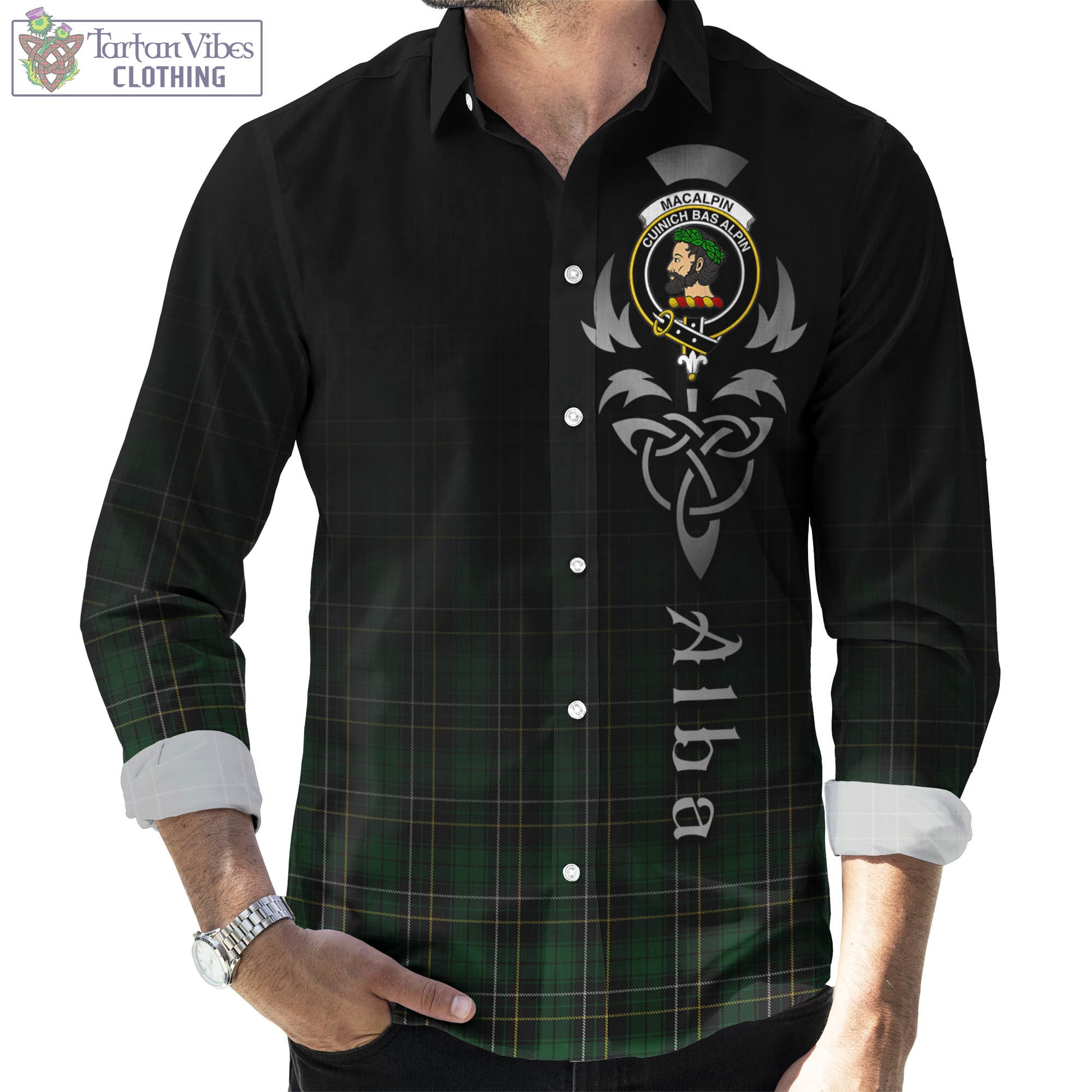 Tartan Vibes Clothing MacAlpin Tartan Long Sleeve Button Up Featuring Alba Gu Brath Family Crest Celtic Inspired