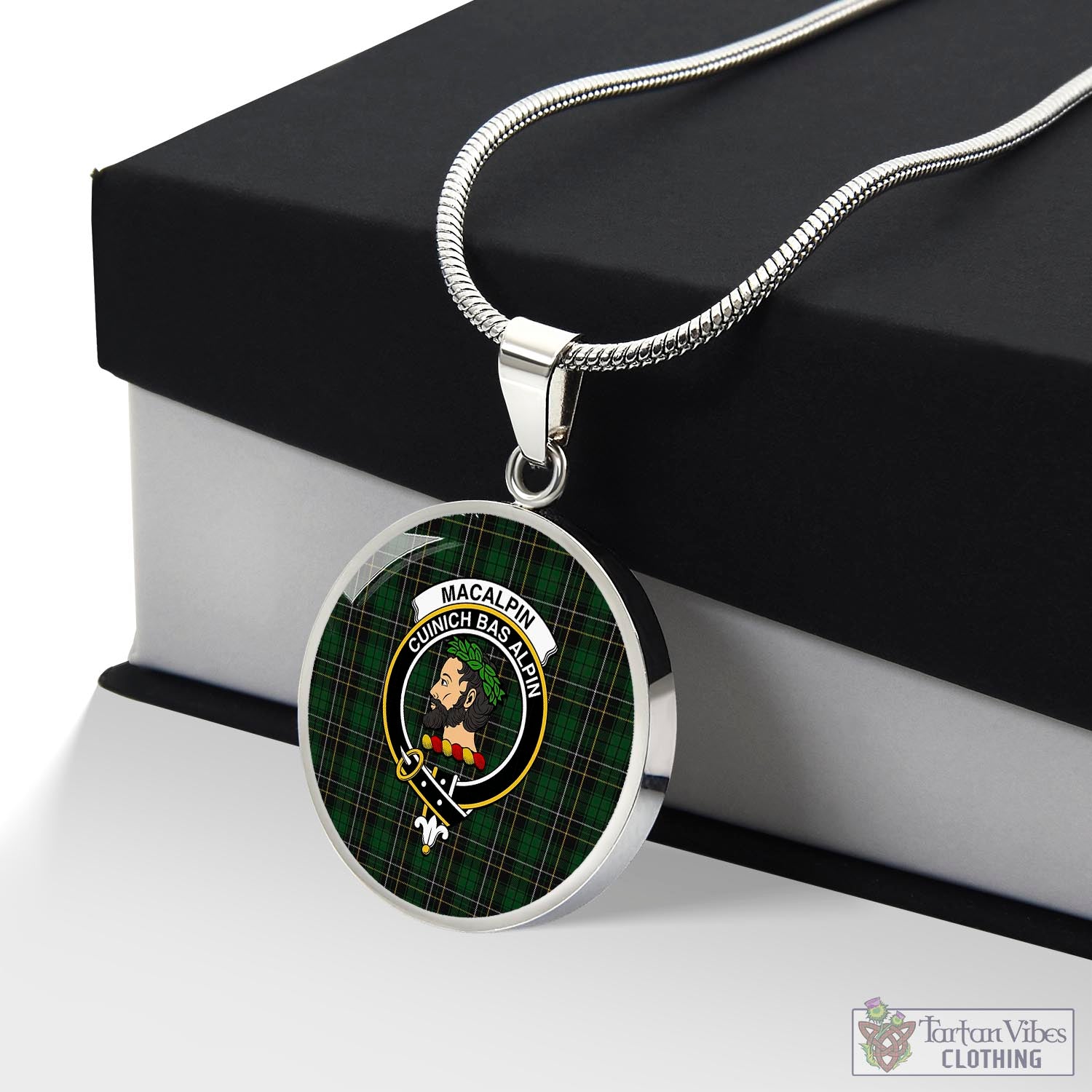 Tartan Vibes Clothing MacAlpin Tartan Circle Necklace with Family Crest