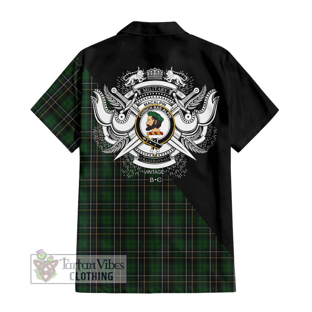 MacAlpine (MacAlpin) Tartan Short Sleeve Button Shirt with Family Crest and Military Logo Style - Tartanvibesclothing Shop