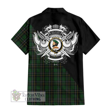 MacAlpine (MacAlpin) Tartan Short Sleeve Button Shirt with Family Crest and Military Logo Style