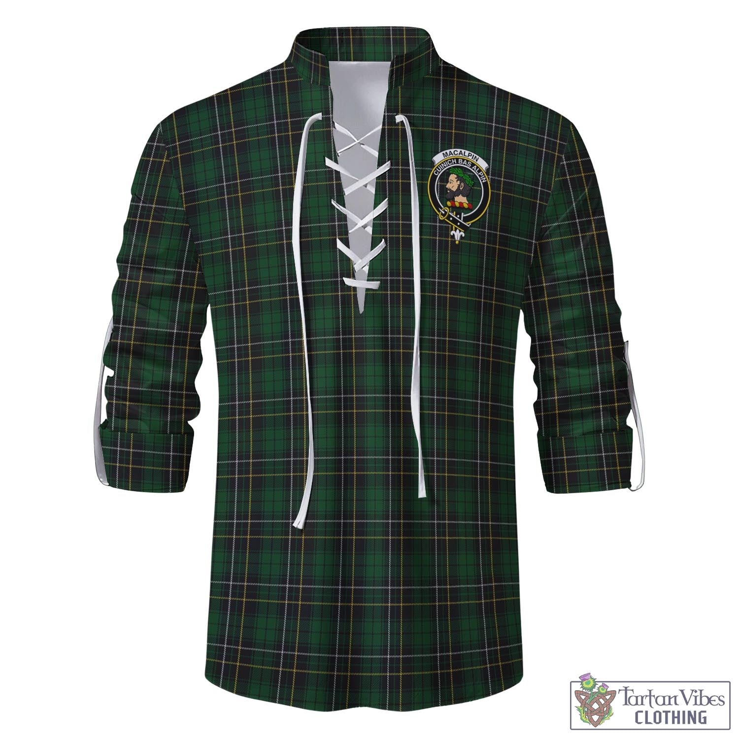 Tartan Vibes Clothing MacAlpin Tartan Men's Scottish Traditional Jacobite Ghillie Kilt Shirt with Family Crest