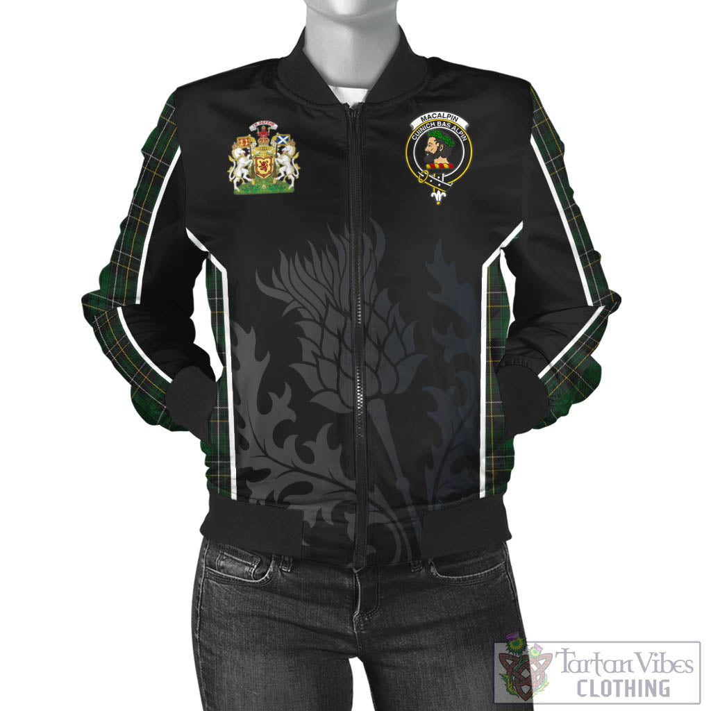 Tartan Vibes Clothing MacAlpin Tartan Bomber Jacket with Family Crest and Scottish Thistle Vibes Sport Style