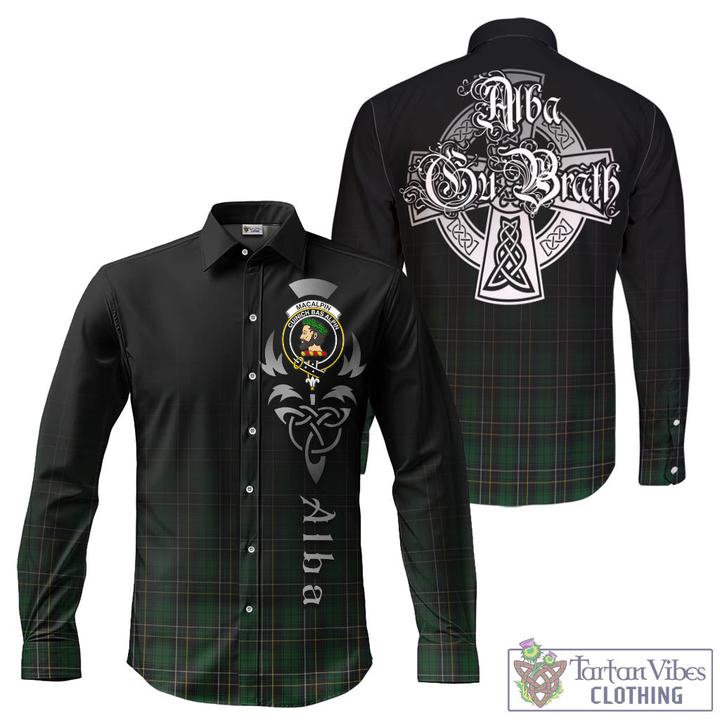 Tartan Vibes Clothing MacAlpin Tartan Long Sleeve Button Up Featuring Alba Gu Brath Family Crest Celtic Inspired