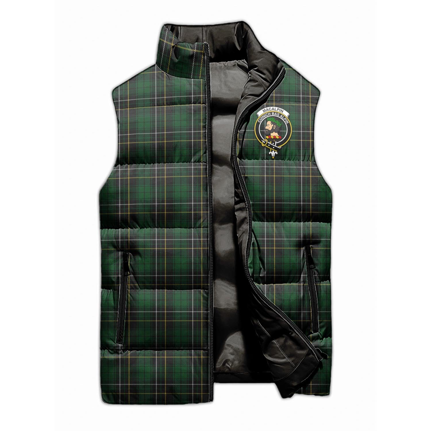 MacAlpin Tartan Sleeveless Puffer Jacket with Family Crest - Tartanvibesclothing