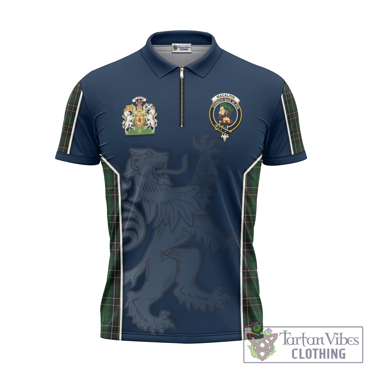 Tartan Vibes Clothing MacAlpin Tartan Zipper Polo Shirt with Family Crest and Lion Rampant Vibes Sport Style