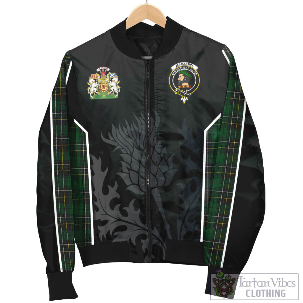 Tartan Vibes Clothing MacAlpin Tartan Bomber Jacket with Family Crest and Scottish Thistle Vibes Sport Style