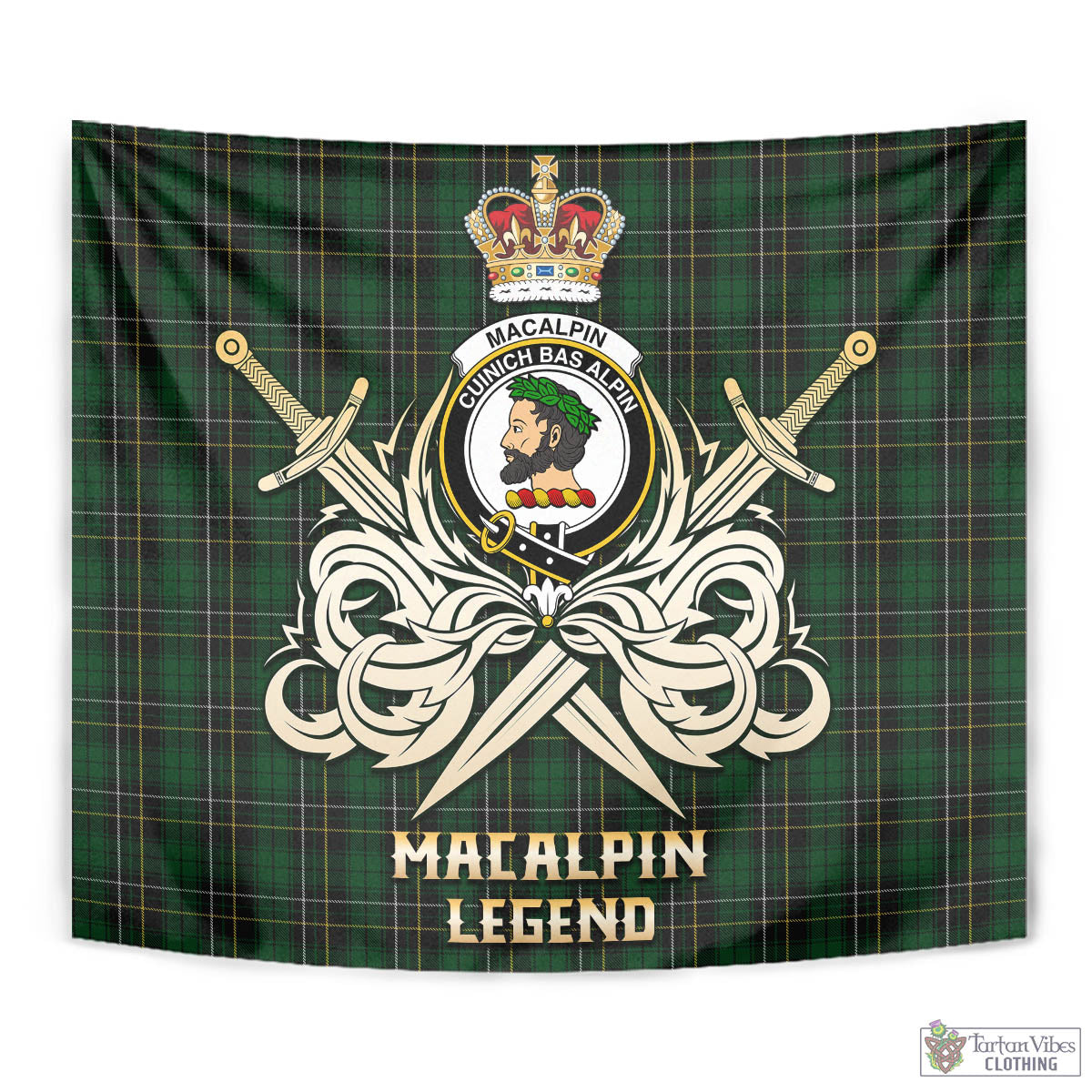 Tartan Vibes Clothing MacAlpin Tartan Tapestry with Clan Crest and the Golden Sword of Courageous Legacy