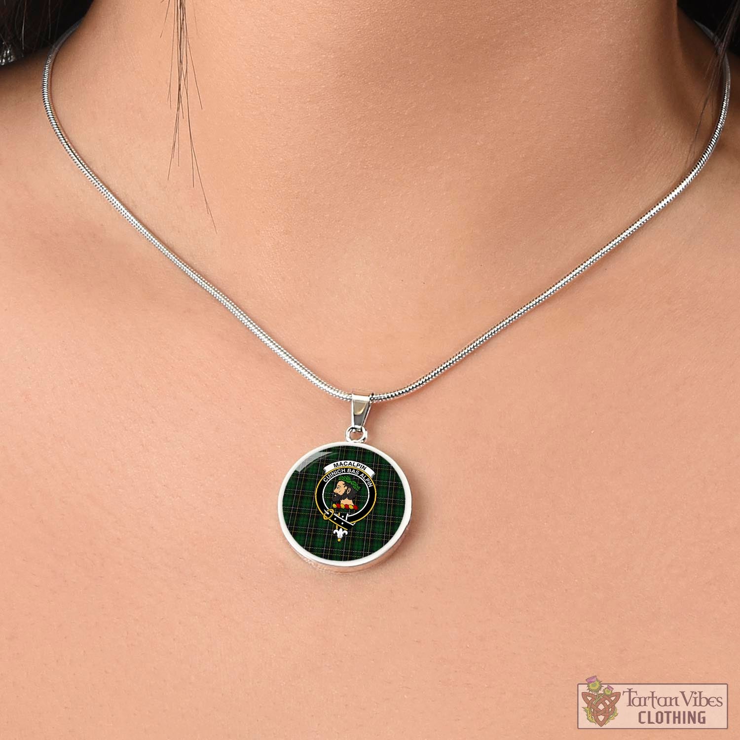 Tartan Vibes Clothing MacAlpin Tartan Circle Necklace with Family Crest