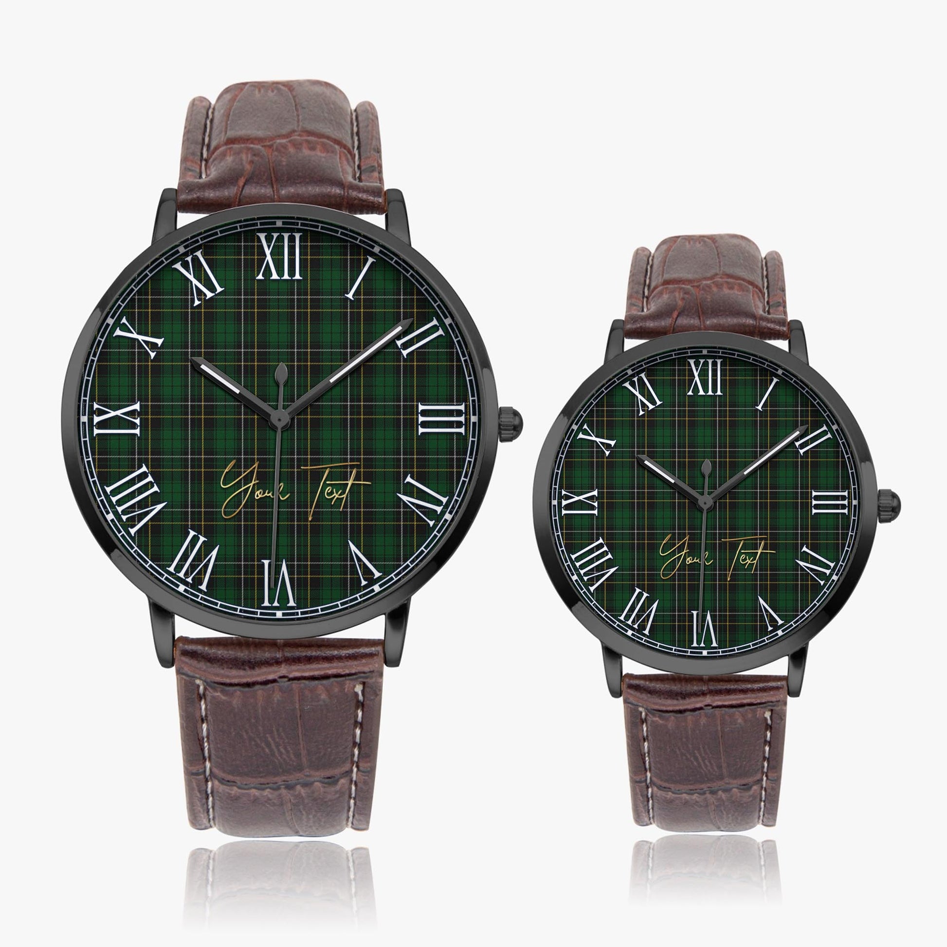 MacAlpin Tartan Personalized Your Text Leather Trap Quartz Watch Ultra Thin Black Case With Brown Leather Strap - Tartanvibesclothing