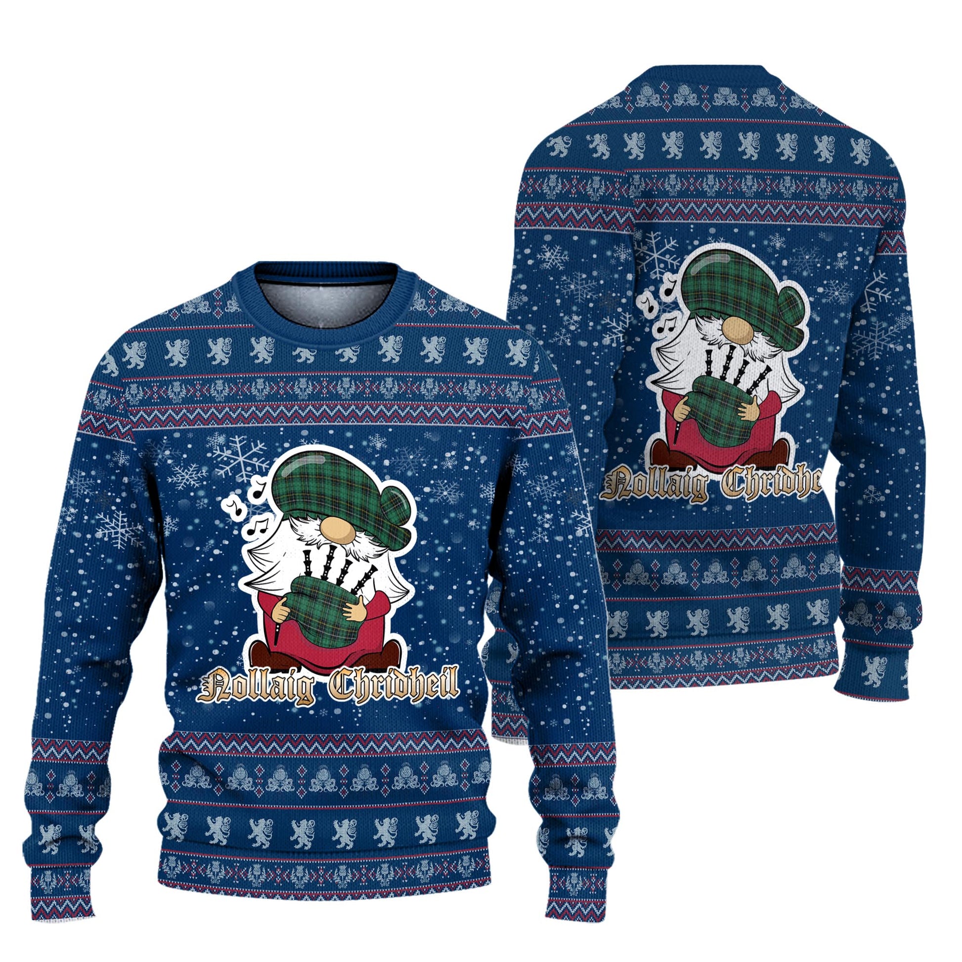 MacAlpin Ancient Clan Christmas Family Knitted Sweater with Funny Gnome Playing Bagpipes Unisex Blue - Tartanvibesclothing