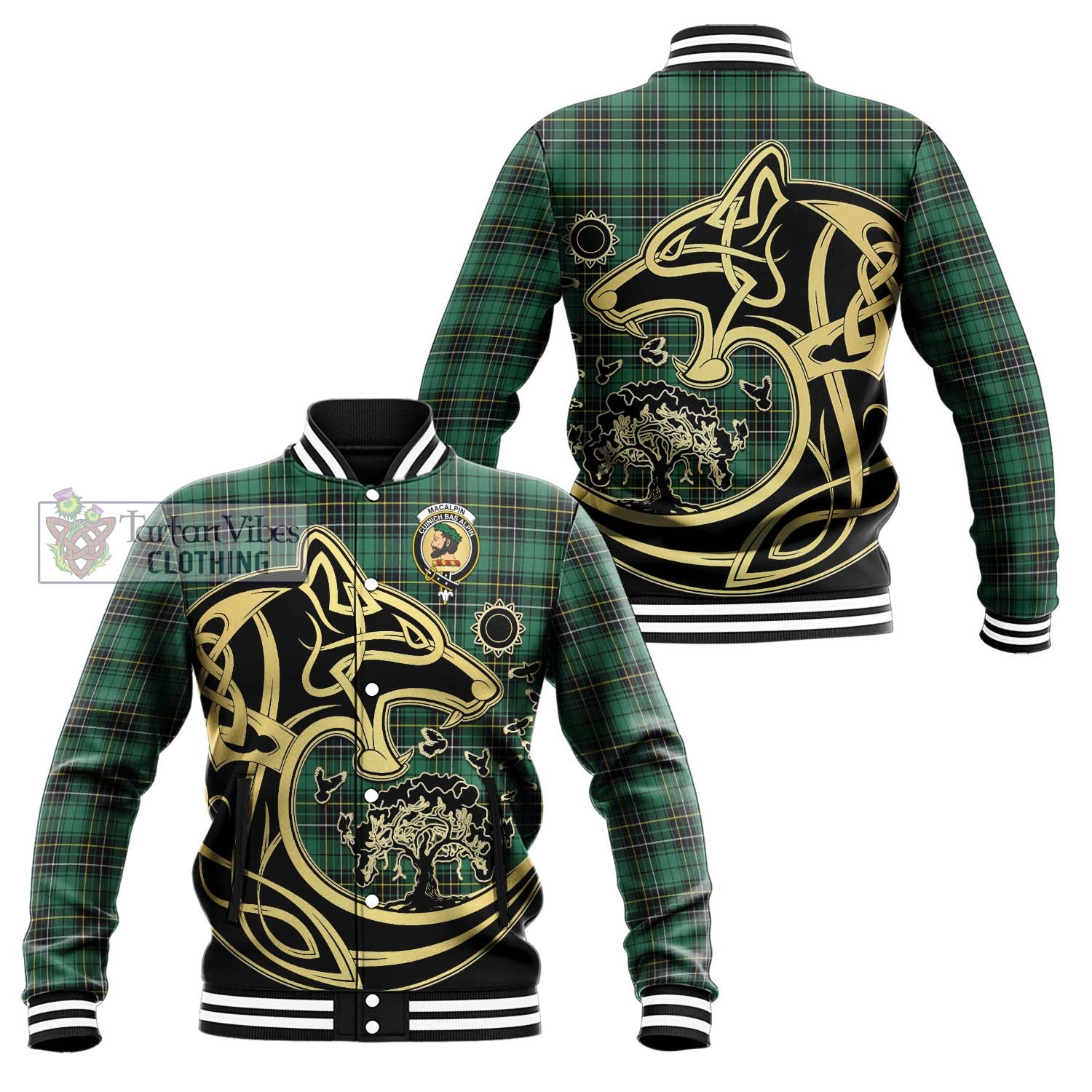 Tartan Vibes Clothing MacAlpin Ancient Tartan Baseball Jacket with Family Crest Celtic Wolf Style