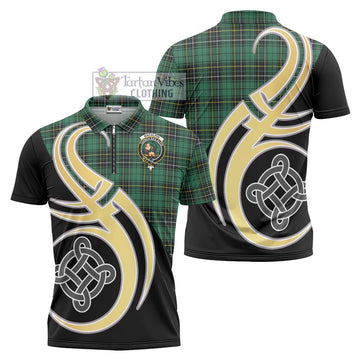MacAlpin Ancient Tartan Zipper Polo Shirt with Family Crest and Celtic Symbol Style