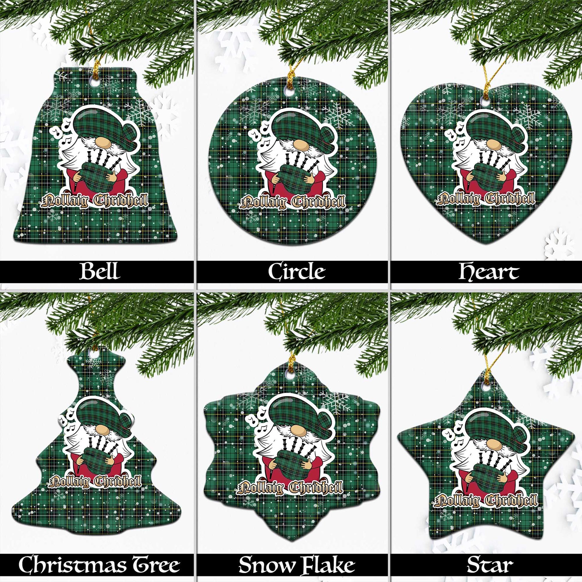MacAlpin Ancient Tartan Christmas Ornaments with Scottish Gnome Playing Bagpipes Ceramic - Tartanvibesclothing