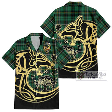 MacAlpin Ancient Tartan Short Sleeve Button Shirt with Family Crest Celtic Wolf Style