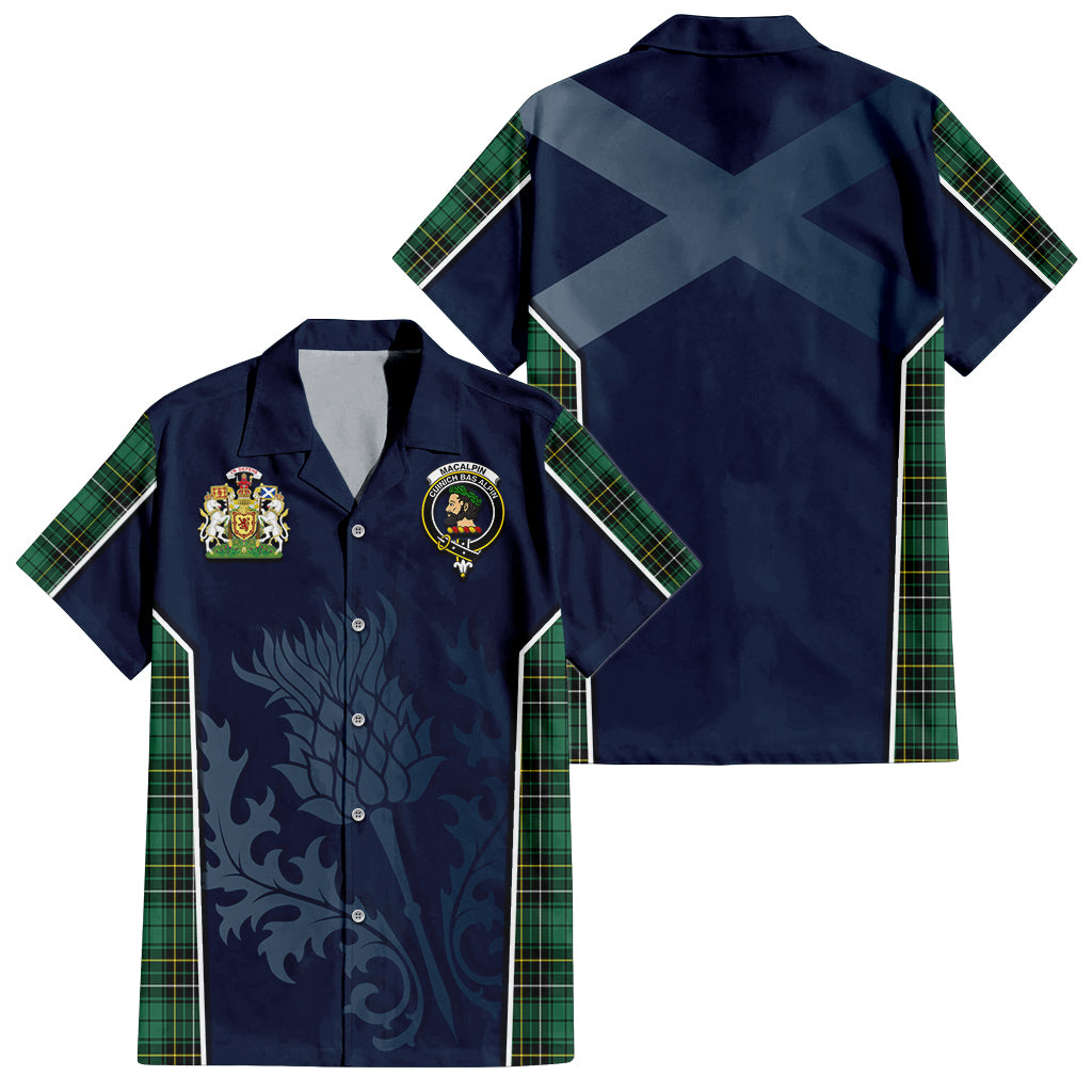 Tartan Vibes Clothing MacAlpin Ancient Tartan Short Sleeve Button Up Shirt with Family Crest and Scottish Thistle Vibes Sport Style