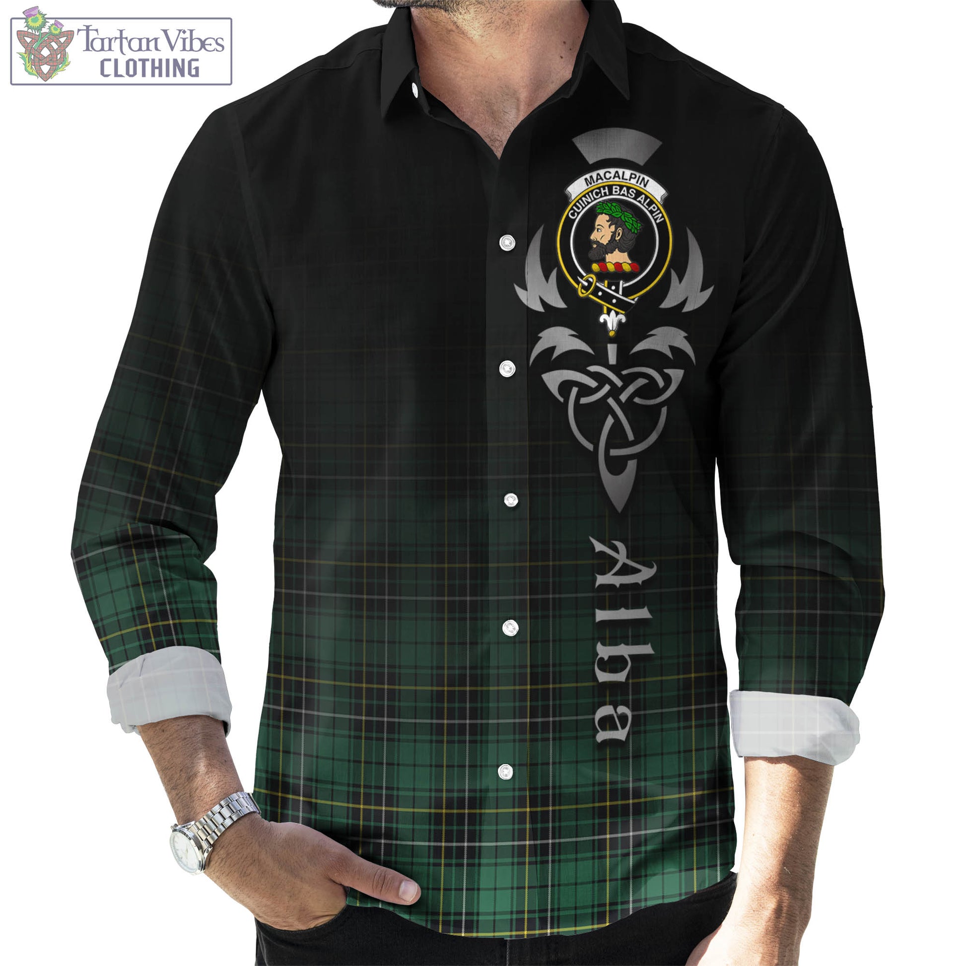 Tartan Vibes Clothing MacAlpin Ancient Tartan Long Sleeve Button Up Featuring Alba Gu Brath Family Crest Celtic Inspired