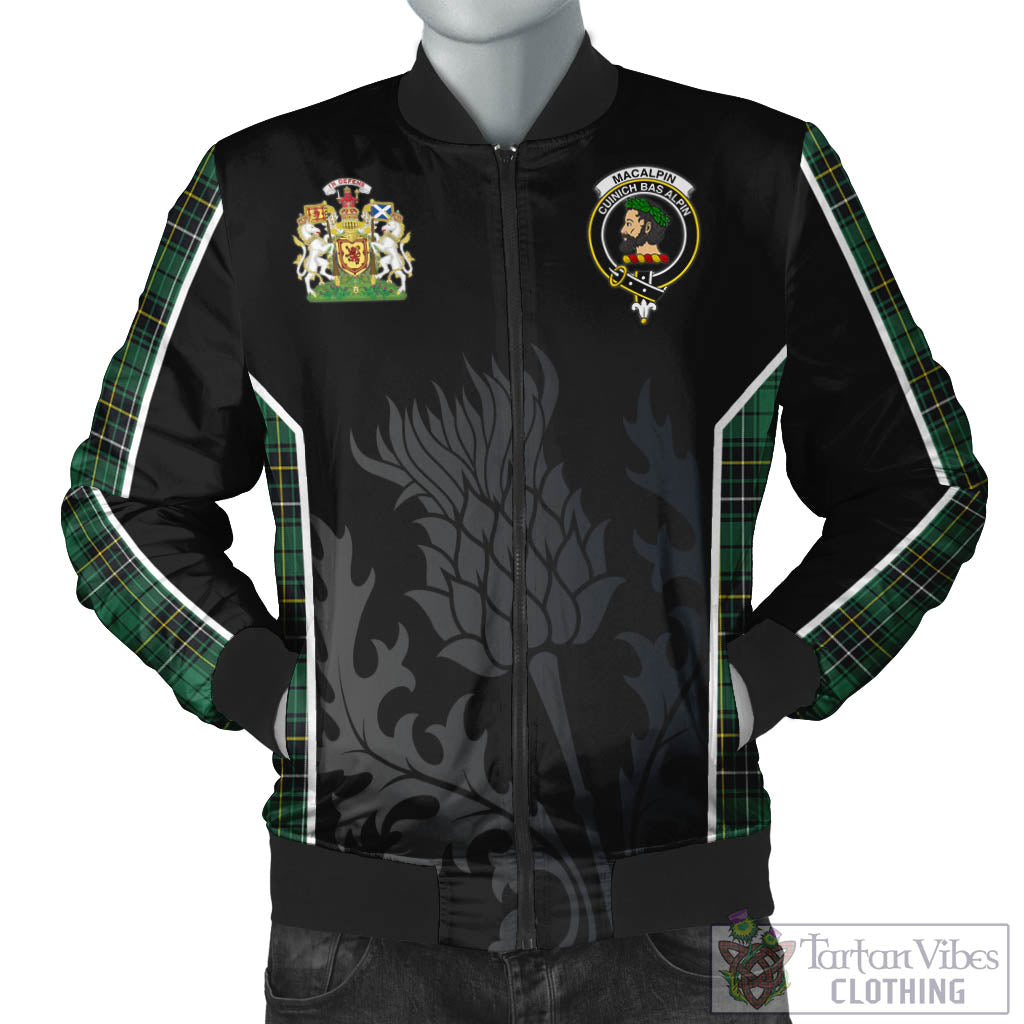 Tartan Vibes Clothing MacAlpin Ancient Tartan Bomber Jacket with Family Crest and Scottish Thistle Vibes Sport Style