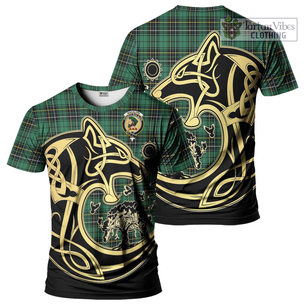 Tartan Vibes Clothing MacAlpin Ancient Tartan T-Shirt with Family Crest Celtic Wolf Style
