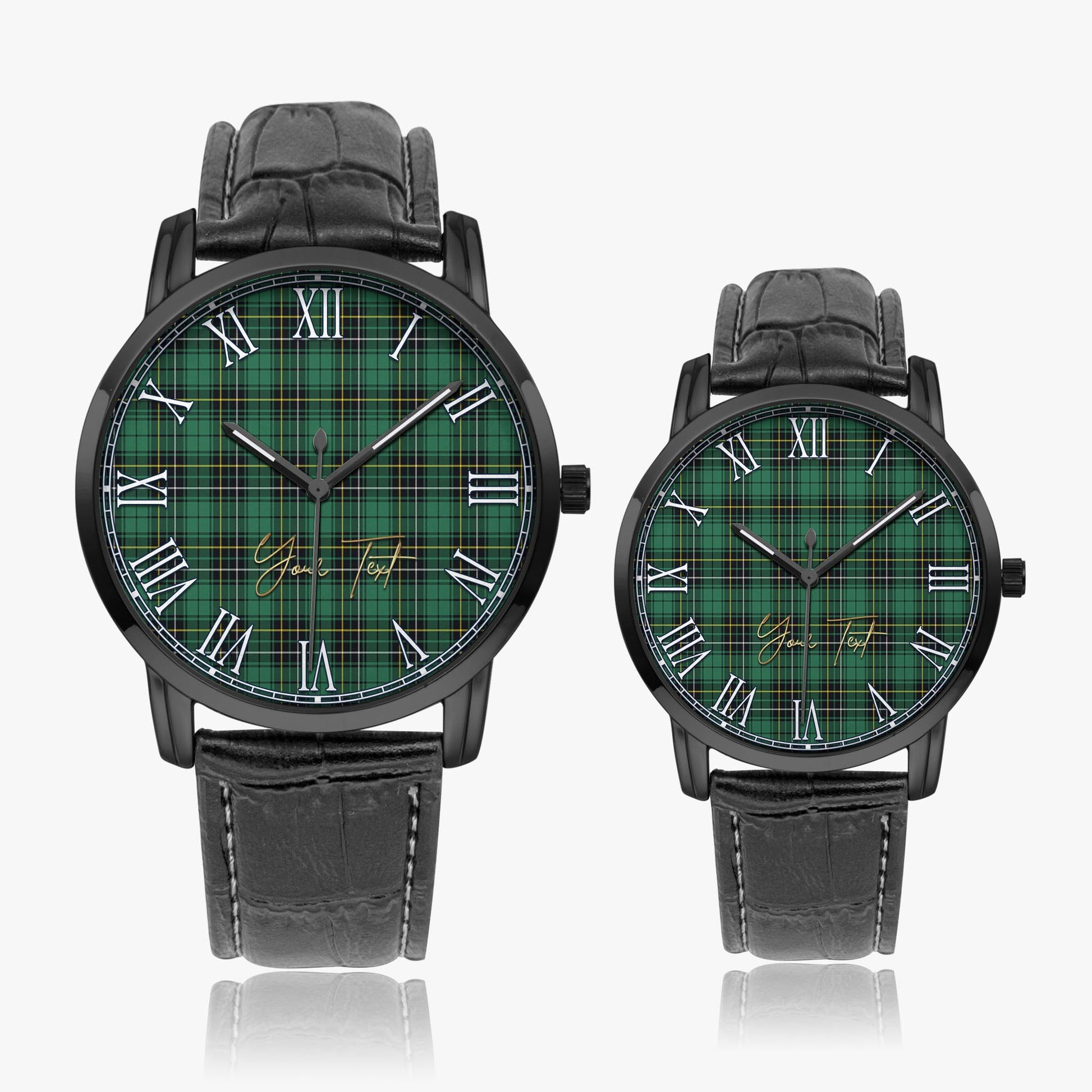 MacAlpin Ancient Tartan Personalized Your Text Leather Trap Quartz Watch Wide Type Black Case With Black Leather Strap - Tartanvibesclothing