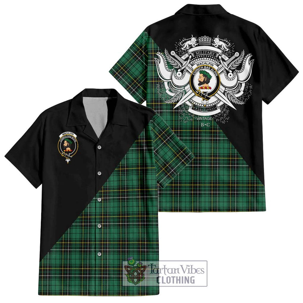 MacAlpin Ancient Tartan Short Sleeve Button Shirt with Family Crest and Military Logo Style Kid - Tartanvibesclothing Shop