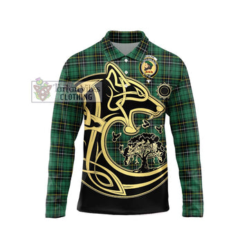 MacAlpin Ancient Tartan Long Sleeve Polo Shirt with Family Crest Celtic Wolf Style