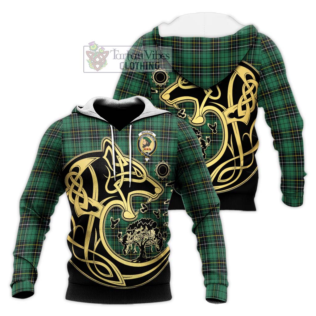 Tartan Vibes Clothing MacAlpin Ancient Tartan Knitted Hoodie with Family Crest Celtic Wolf Style