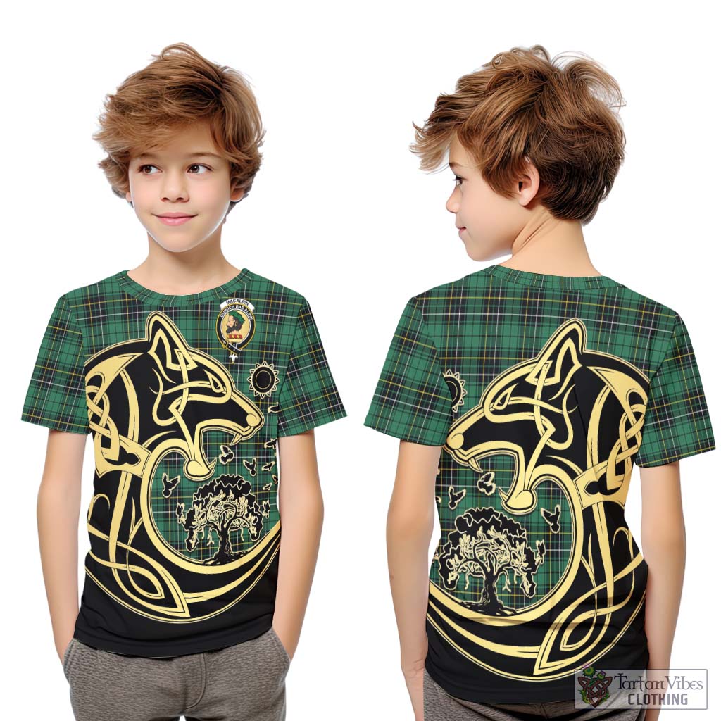 Tartan Vibes Clothing MacAlpin Ancient Tartan Kid T-Shirt with Family Crest Celtic Wolf Style