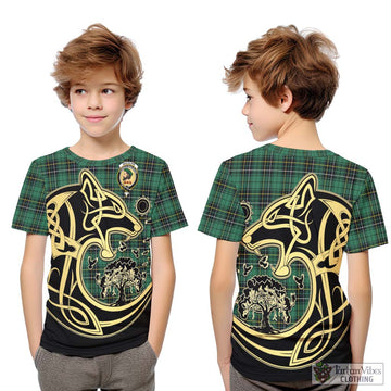 MacAlpin Ancient Tartan Kid T-Shirt with Family Crest Celtic Wolf Style