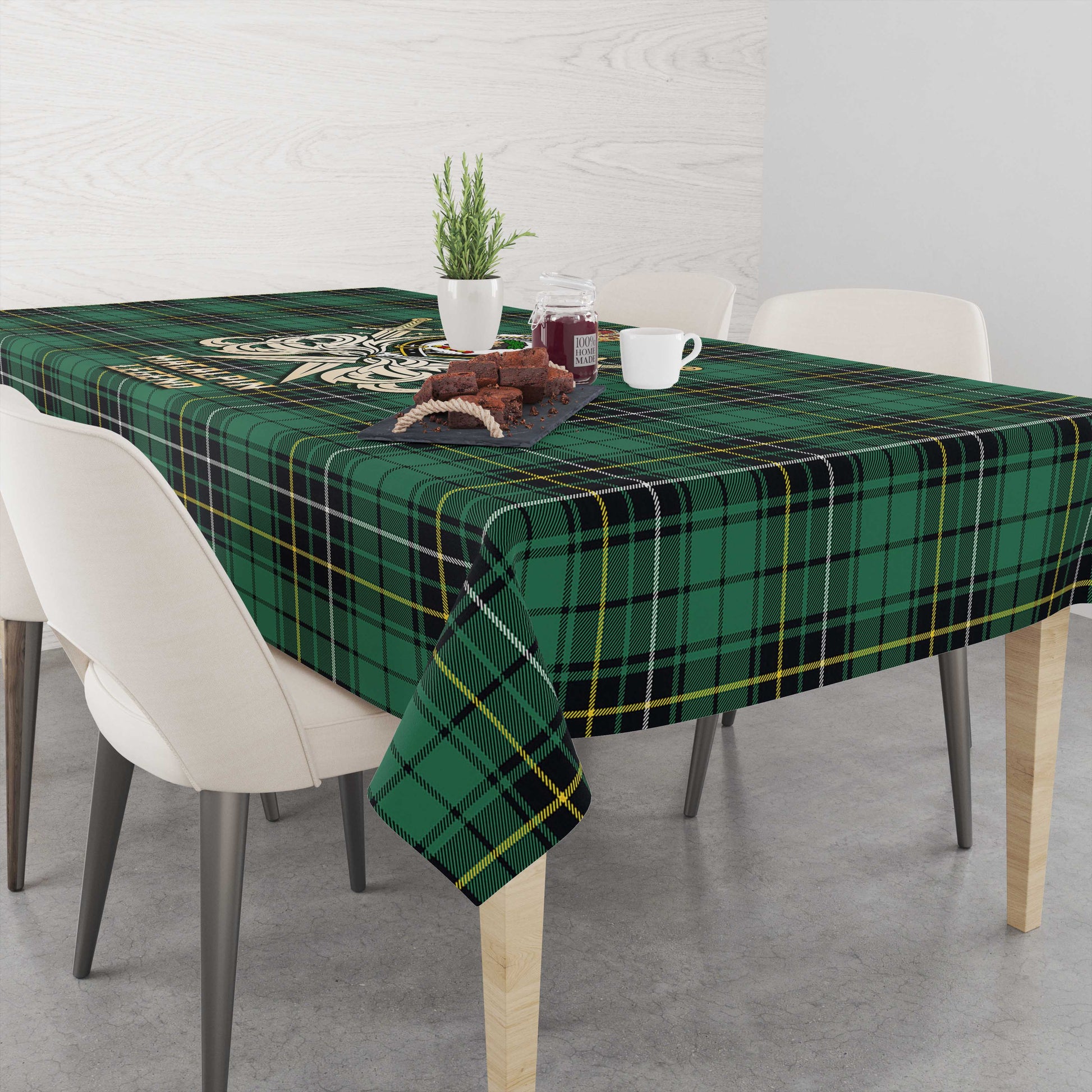 Tartan Vibes Clothing MacAlpin Ancient Tartan Tablecloth with Clan Crest and the Golden Sword of Courageous Legacy