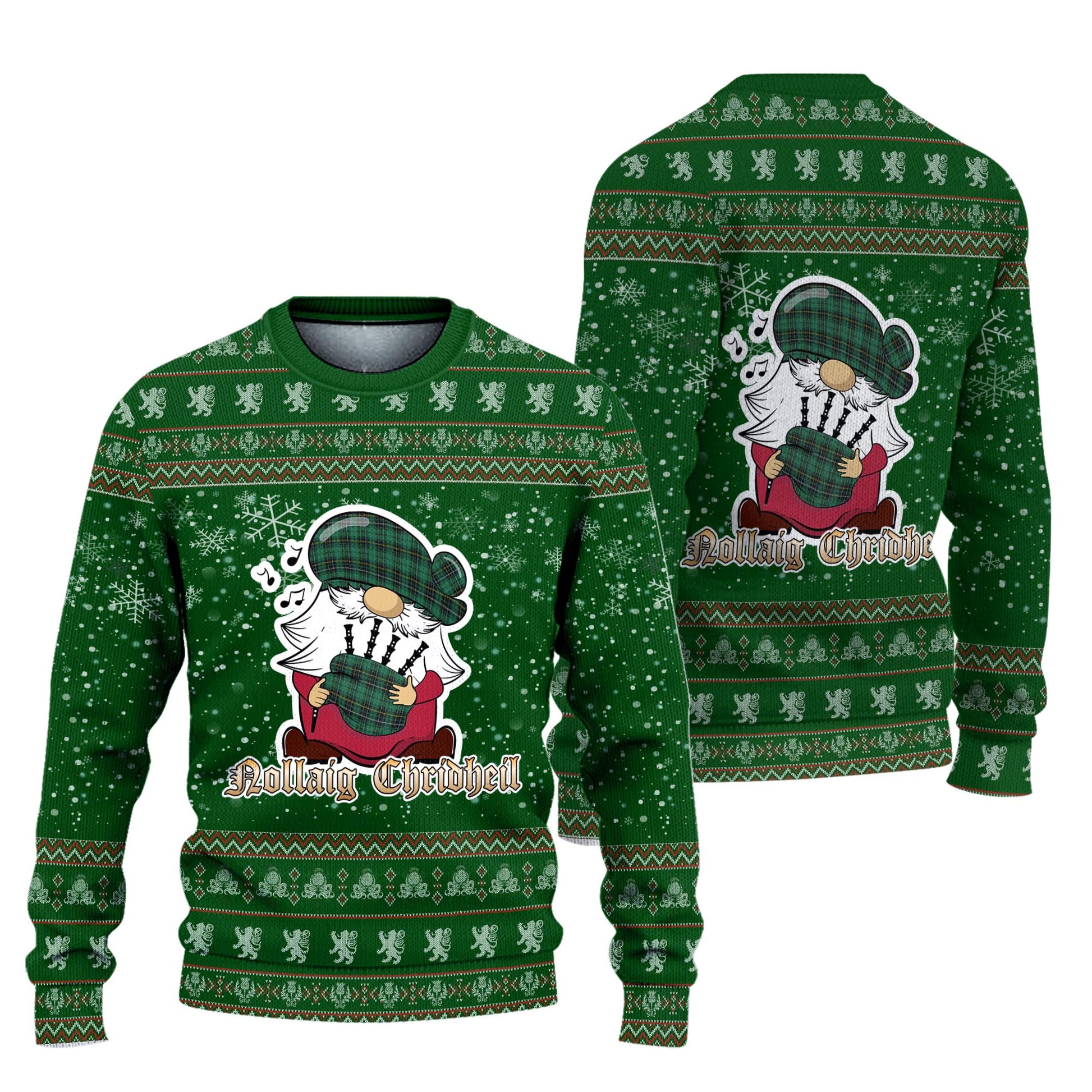 MacAlpin Ancient Clan Christmas Family Knitted Sweater with Funny Gnome Playing Bagpipes Unisex Green - Tartanvibesclothing