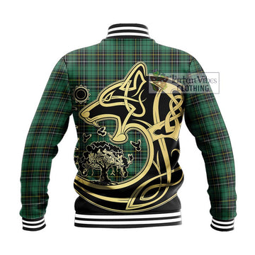 MacAlpin Ancient Tartan Baseball Jacket with Family Crest Celtic Wolf Style