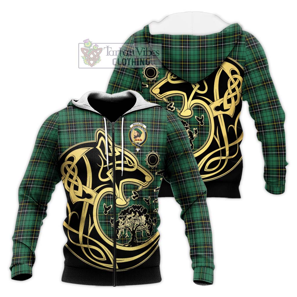 Tartan Vibes Clothing MacAlpin Ancient Tartan Knitted Hoodie with Family Crest Celtic Wolf Style