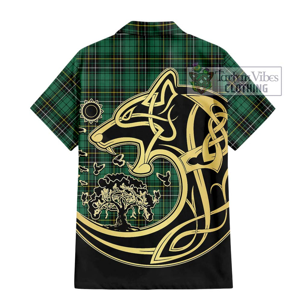 MacAlpin Ancient Tartan Short Sleeve Button Shirt with Family Crest Celtic Wolf Style - Tartan Vibes Clothing