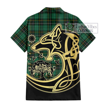 MacAlpin Ancient Tartan Short Sleeve Button Shirt with Family Crest Celtic Wolf Style