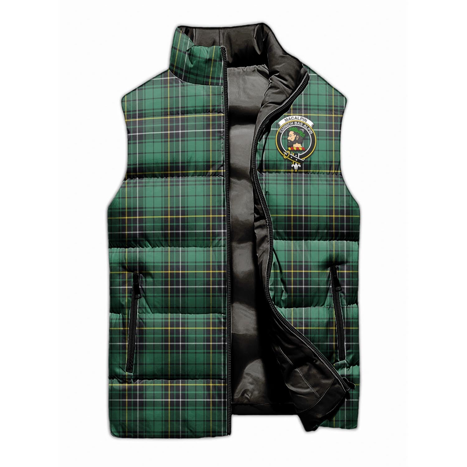 MacAlpin Ancient Tartan Sleeveless Puffer Jacket with Family Crest - Tartanvibesclothing