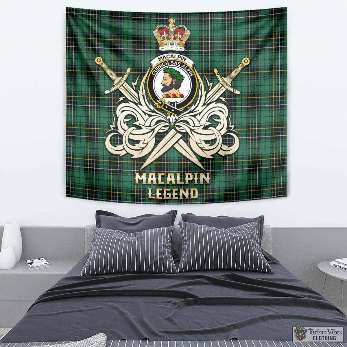 Tartan Vibes Clothing MacAlpin Ancient Tartan Tapestry with Clan Crest and the Golden Sword of Courageous Legacy