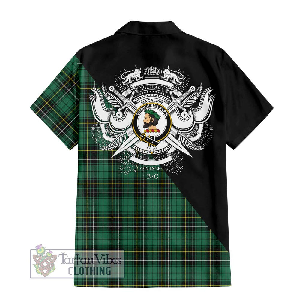 MacAlpin Ancient Tartan Short Sleeve Button Shirt with Family Crest and Military Logo Style - Tartanvibesclothing Shop