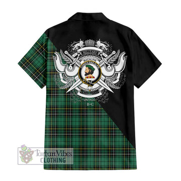 MacAlpin Ancient Tartan Short Sleeve Button Shirt with Family Crest and Military Logo Style