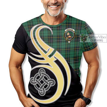 MacAlpin Ancient Tartan T-Shirt with Family Crest and Celtic Symbol Style