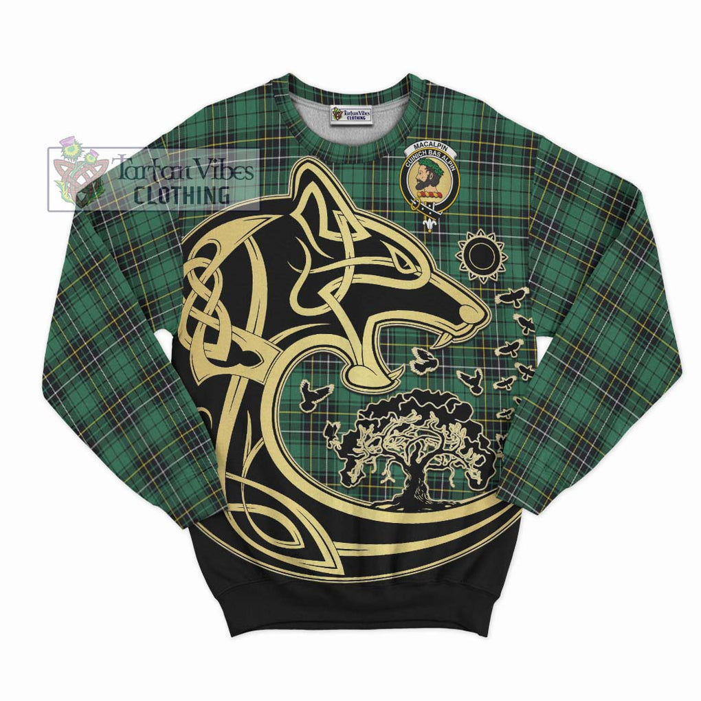 MacAlpin Ancient Tartan Sweatshirt with Family Crest Celtic Wolf Style - Tartan Vibes Clothing