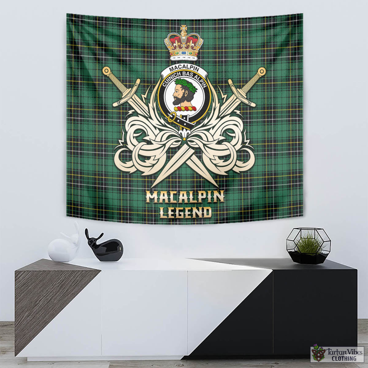 Tartan Vibes Clothing MacAlpin Ancient Tartan Tapestry with Clan Crest and the Golden Sword of Courageous Legacy