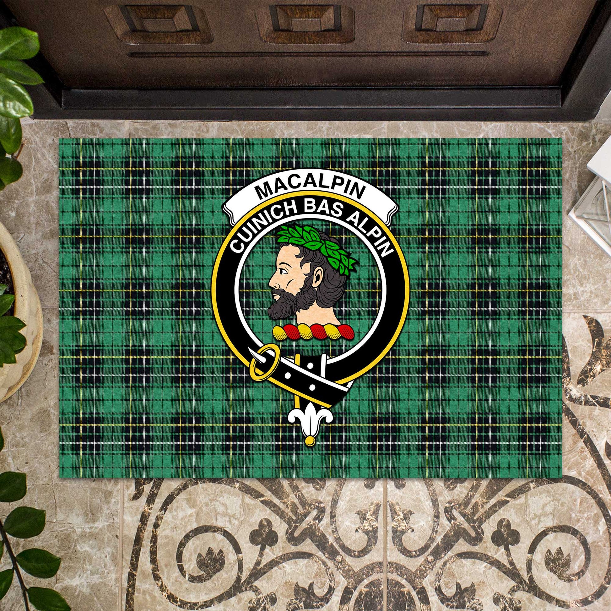 MacAlpin Ancient Tartan Door Mat with Family Crest - Tartanvibesclothing