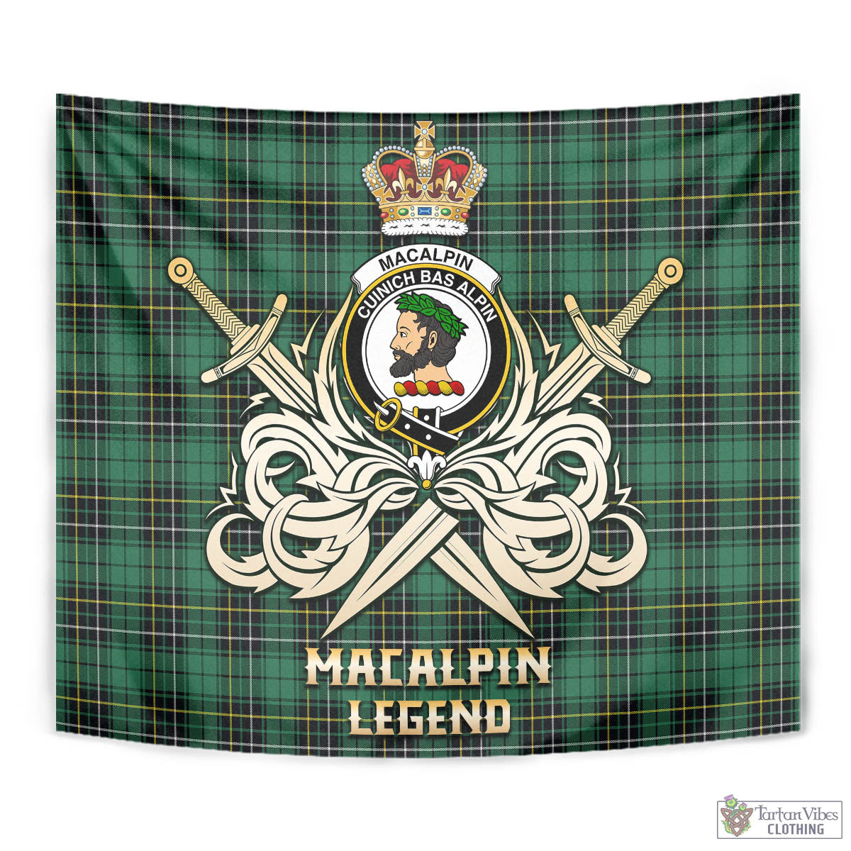 Tartan Vibes Clothing MacAlpin Ancient Tartan Tapestry with Clan Crest and the Golden Sword of Courageous Legacy