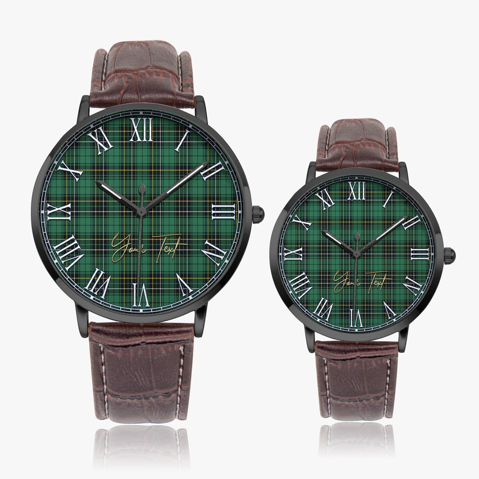 MacAlpin Ancient Tartan Personalized Your Text Leather Trap Quartz Watch Ultra Thin Black Case With Brown Leather Strap - Tartanvibesclothing