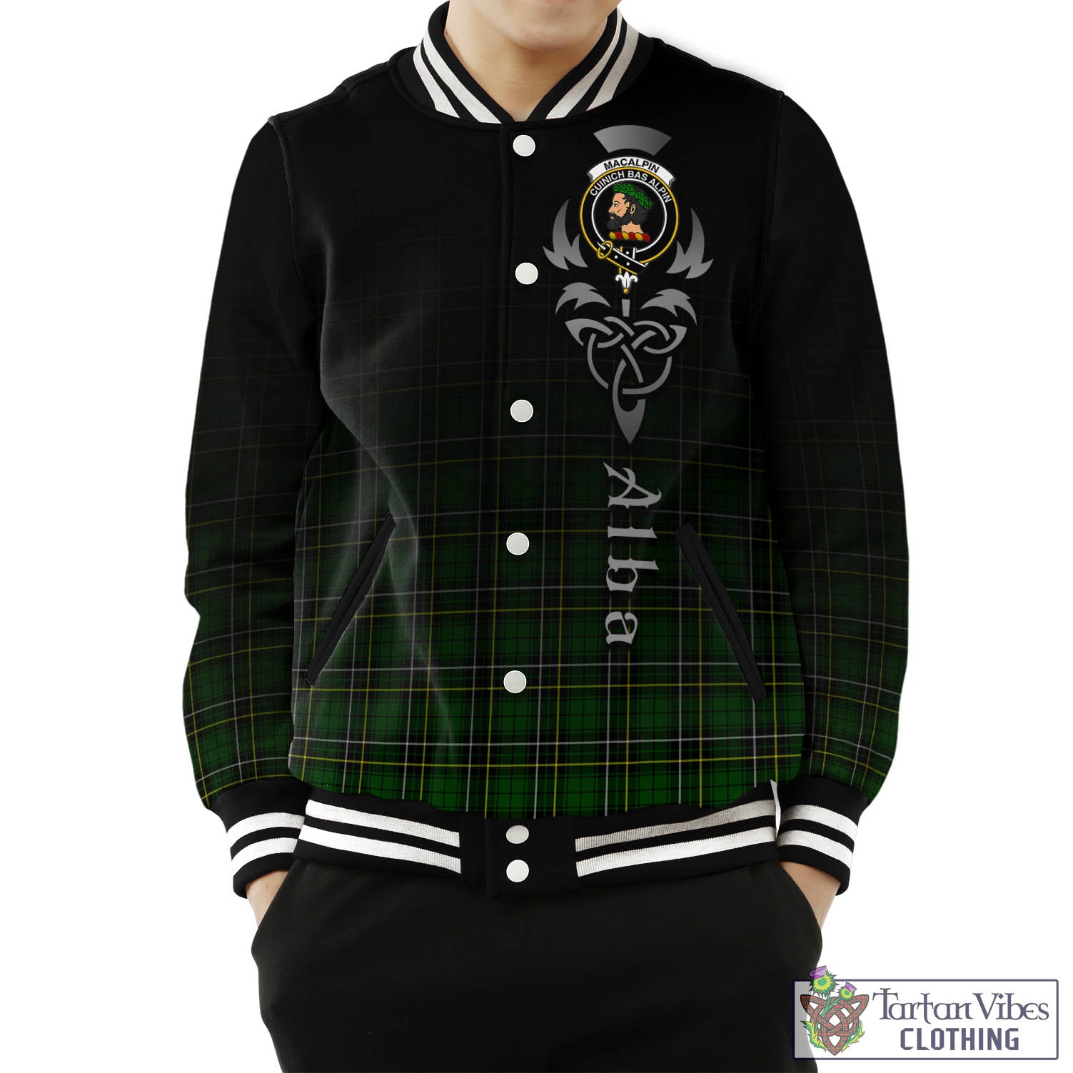 Tartan Vibes Clothing MacAlpin Modern Tartan Baseball Jacket Featuring Alba Gu Brath Family Crest Celtic Inspired