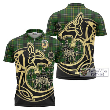 MacAlpin Modern Tartan Zipper Polo Shirt with Family Crest Celtic Wolf Style