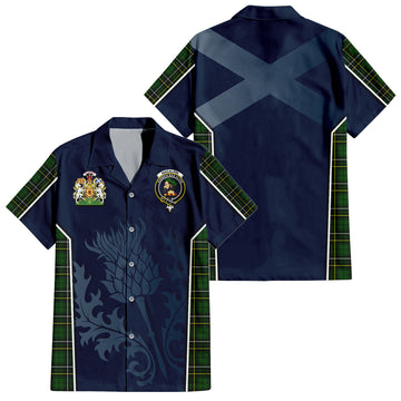 MacAlpin Modern Tartan Short Sleeve Button Up Shirt with Family Crest and Scottish Thistle Vibes Sport Style