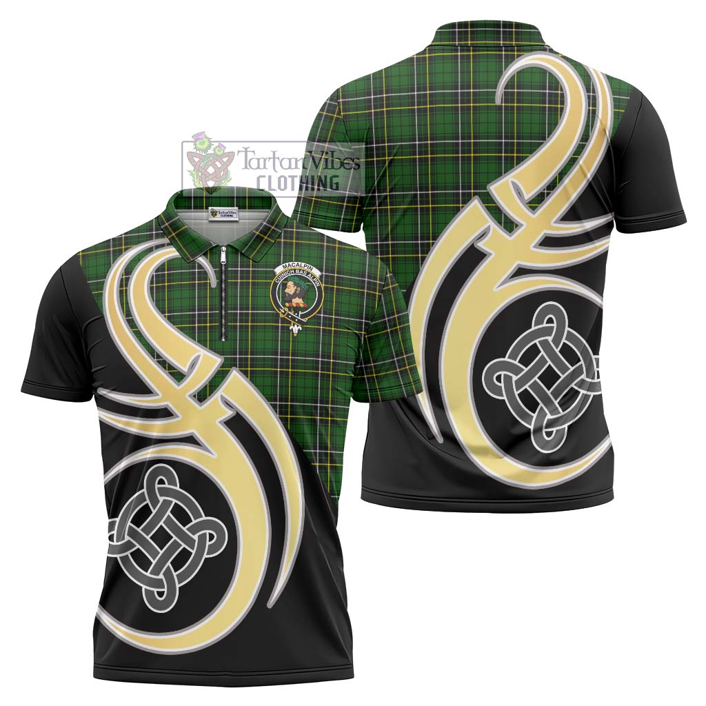 Tartan Vibes Clothing MacAlpin Modern Tartan Zipper Polo Shirt with Family Crest and Celtic Symbol Style