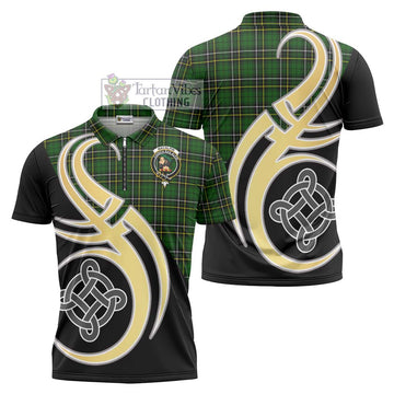 MacAlpin Modern Tartan Zipper Polo Shirt with Family Crest and Celtic Symbol Style