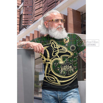 MacAlpin Modern Tartan Cotton T-shirt with Family Crest Celtic Wolf Style